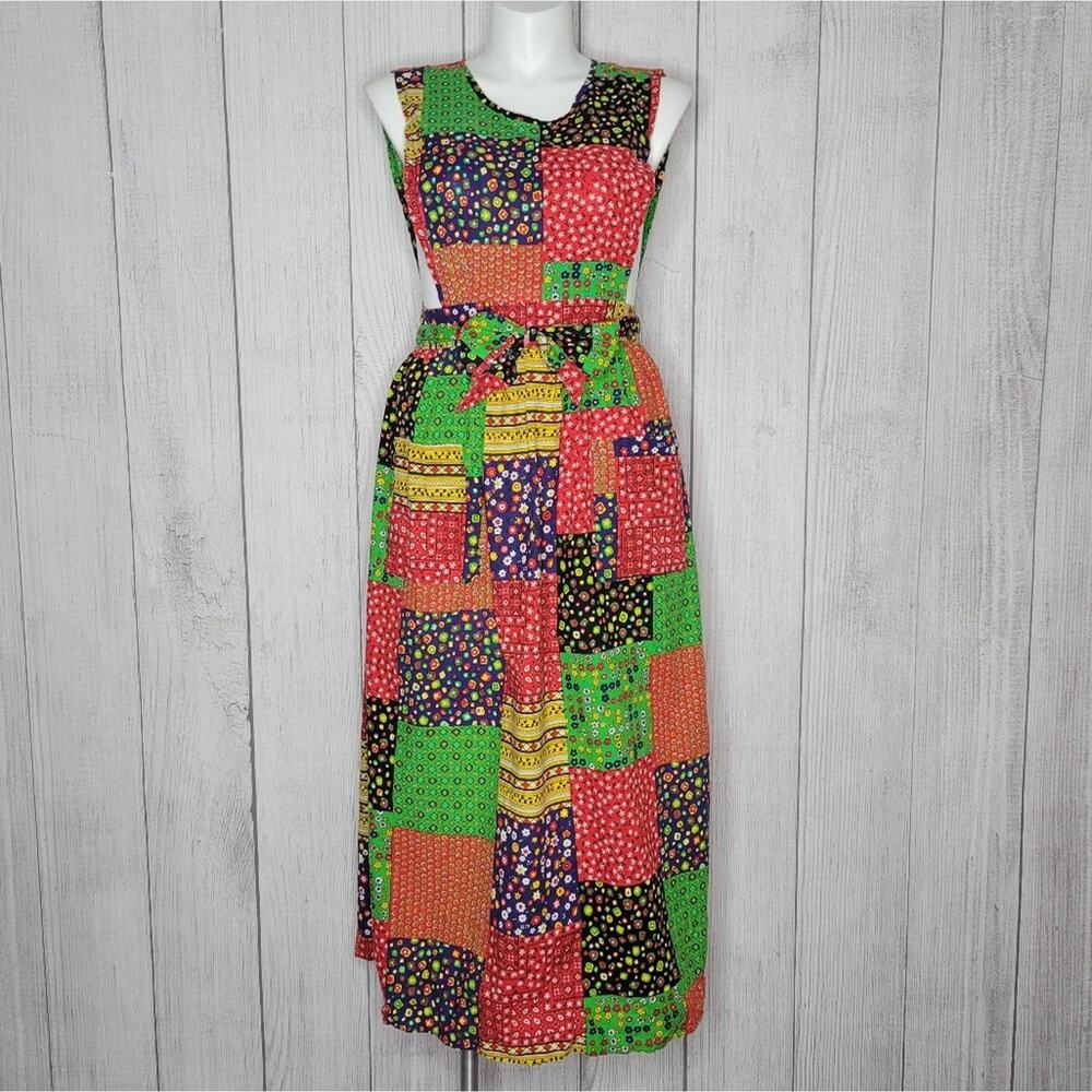 Vintage 70s Patchwork Wrap Pinafore Peekaboo Open Back Dress, size S/M